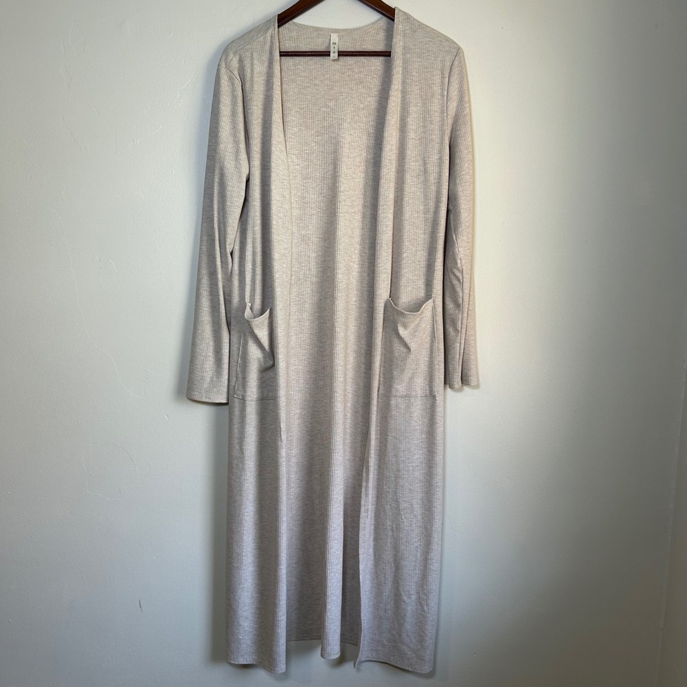 EUC MTS Cardigan Longline Ribbed Duster‎ Size S Oatmeal Beige Pocket Side Slit